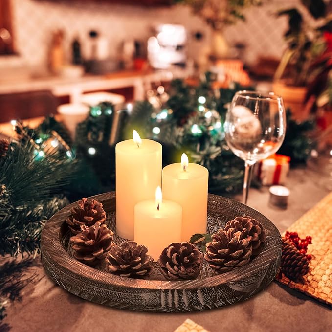 Round Decorative Wood Trays for Coffee Table Counter Farmhouse Kitchen Home Decor Centerpiece Small Wooden Candle Holder Tray Circular Serving Platter Circle Rustic Dining Table Bathroom Perfume Tray