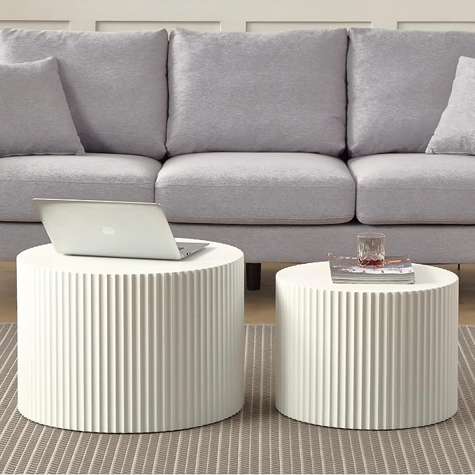 KEVINSPACE Round Coffee Table Set of 2 Nesting CoffeeTable Modern for Living Room, Round End TableSet, Wooden Circle Side Table No Need Assembly Accent Furniture for Bedroom Balcony Lounge White