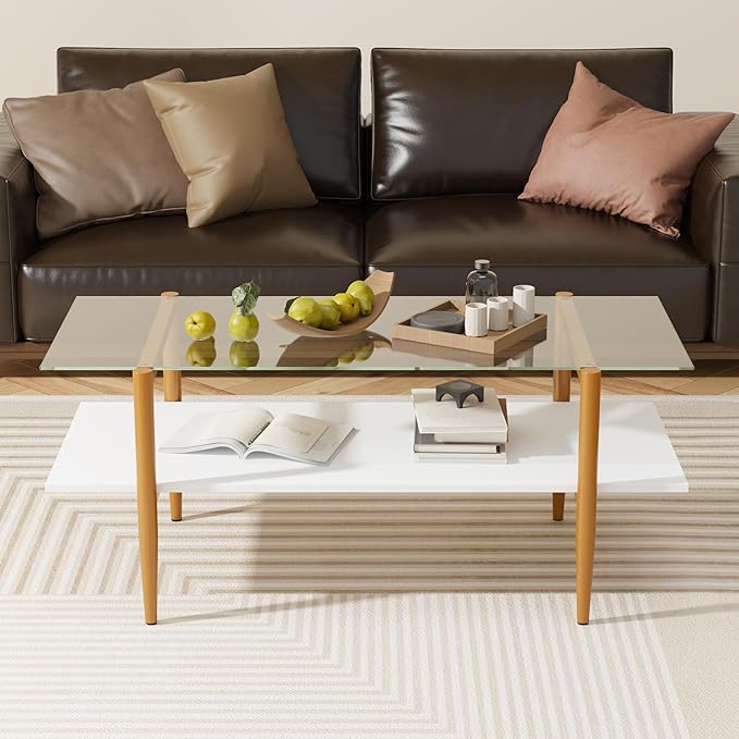 Glass Coffee Table, Rectangle Living Room Center Table with Golden Legs, Mid-Century Modern Accent Tables with Open Shelf for Living Room, Office, White