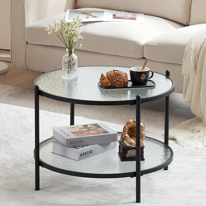 VINGLI 25.6" Small Matte Black Round Coffee Table Water-Wave Glass Circle Clear Coffee Table, Center Table with 2-Tier Modern Storage Design for Living Room, Bedroom, Meeting Room, Balcony, Patio