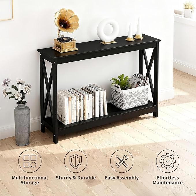 ZenStyle Sofa Side Console Table with 2 Storage Shelves Narrow Accent Table for Entryway/Hallway/Living Room, 46.9in L x 11.8in W x 31.7in H, Black