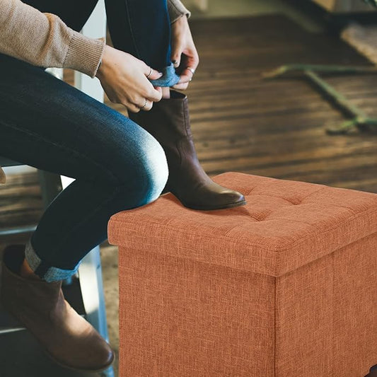 15 Inch Storage Ottoman with Wooden Legs - Cube Foot Rest Stool, Square Footstool, Comfortable Seat with Lid, Foldable Fabric Ottoman, Space-Saving Orange