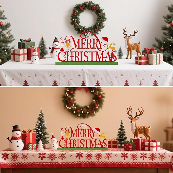 Metal Holiday Table Sign Decor, Decorations Tabletop Centerpiece for Home, Office, Shelf, Tiered Tray, Mantel, Indoor, Merry Christmas