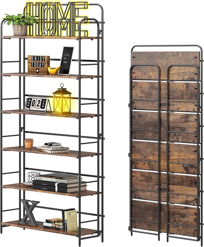 4NM No Assembly Folding Bookshelf, 6 Tiers Collapsible Book Shelves Open Industrial Foldable Storage Bookcase Shelf for Bedroom, Living Room, Home Office - Rustic Brown and Black
