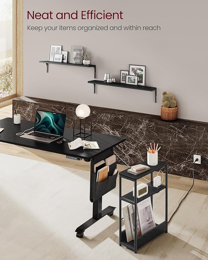 VASAGLE Side Tables with Charging Station, Set of 2 Narrow End Tables, 3-Tier Nightstands, Sofa Tables for Small Spaces, for Living Room, Bedroom, Study, Ebony Black and Ink Black ULCT664B01