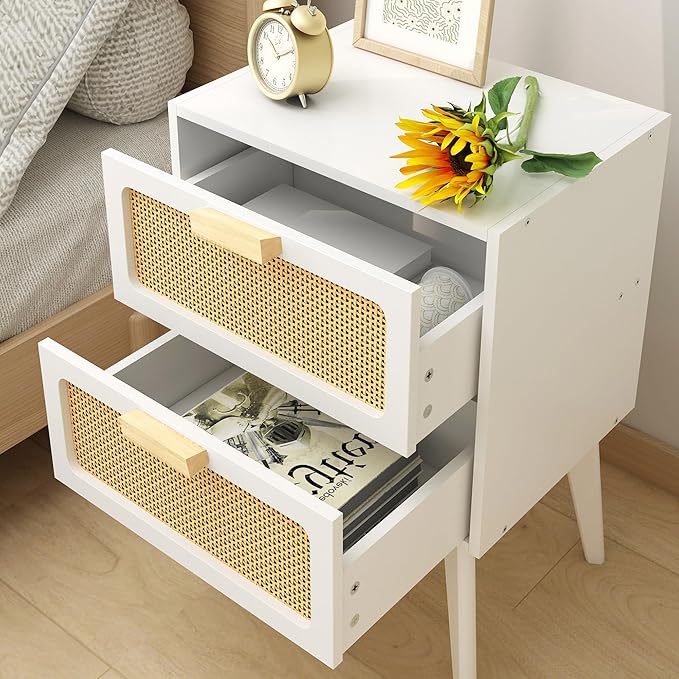 Rattan Nightstand, Wood End Table, Side Table with 2 Hand Made Rattan Decorated Drawers,Boho Bedside Table,Wood Accent Table with Storage for Livingroom, Bedroom, White CTG59W
