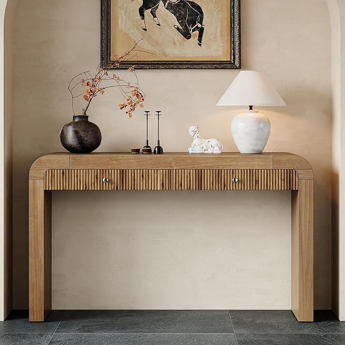 kevinplus 54.3'' Rustic Wood Console Table Sofa Table with Fluted Drawer Storage for Entryway, Modern Elegant Design & Curved Edge, Easy Assemble, Natural