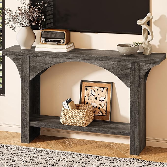 55 Inches Console Table,2 Tier Farmhouse Entryway Table,Narrow Wood Accent Tables with Storage Shelves for Living Room,Entrance,Hallway,Foyer (Gray)