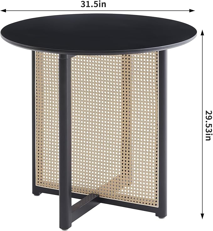 Small Round Coffee Table – 31.5" Solid Wood & Rattan Coffee Table, Modern Rustic Low Accent Table for Living Room, Boho Style, Black Height 29"