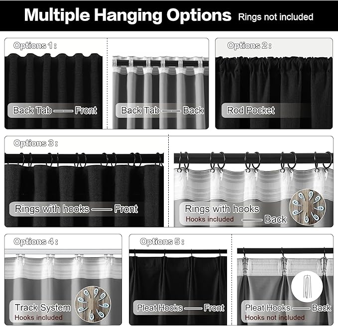 RAIN CITY Black Blackout Curtains Back Tab 2 Panels 70x90