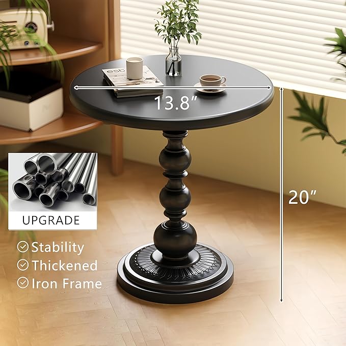 Metal Small End Table,Vintage Matte Black Round Side Table Nightstand for Bedside or Sofa,Small Accent Pedestal Table for Living Room Corners Bedroom Patio and bar (Matte Black)