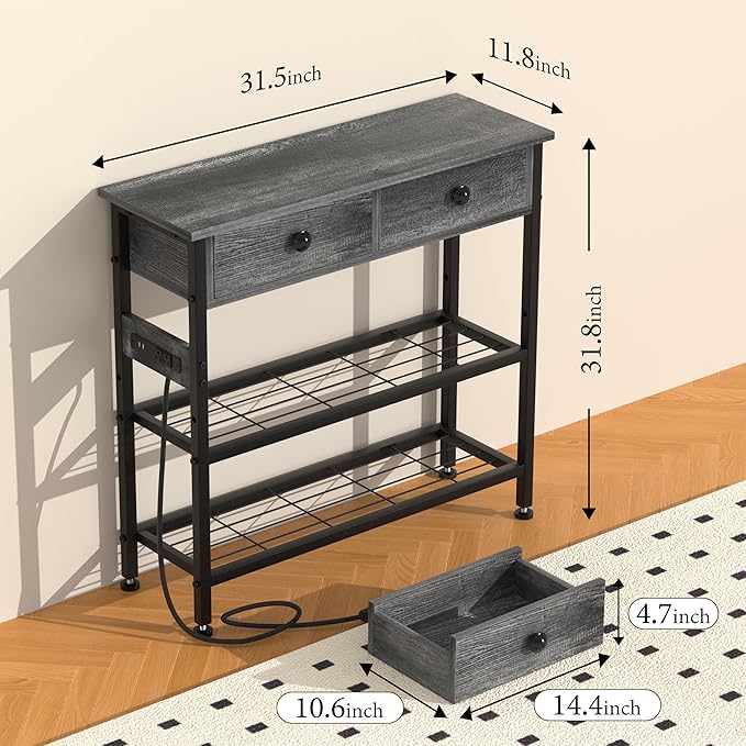 GRLEAF 32" Console Table with Outlets & USB Ports – Narrow Entryway Table with 2 Drawers and Storage Shelves, Power Strip Sofa Table for Living Room, Hallway, Kitchen, Foyer – Grey Wood Finish