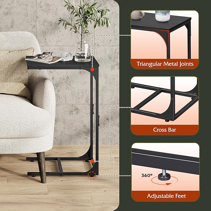 WLIVE C-Shaped End Table Set of 2, Small Couch Side Tables with Metal Frame, Sofa Table TV Tray for Living Room, Bedroom, Black