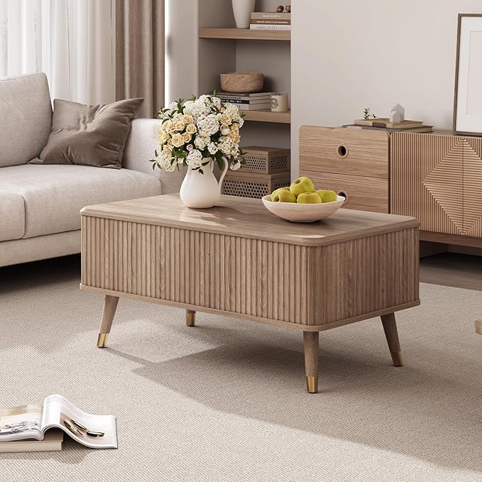 Lift Top Coffee Table with Storage Shelf & Hidden Compartment, Mid Century Modern Fluted Rectangle Dining Table for Living Room, Home Office, Natural Oak