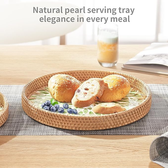 Rattan Tray with Mother of Pearl Inlay, Round Rattan Serving Tray with Wooden Base, Decorative Wicker Basket for Table Decor, Mosaic Tray for Storage and Display of Jewelry Coffee Food (Aqua Green)