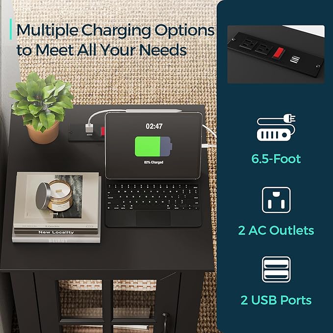 LINSY HOME End Table with Charging Station, Modern Side Table with Storage Cabinet and Adjustable Shelf, Small Sofa Table for Living Room, Home Office, Black