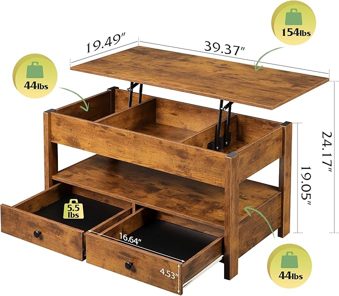 WLIVE Coffee Table, Lift Top Coffee Table with 2 Drawers, Large Hidden Hidden Compartment and Open Shelf, Lift Tabletop, Dining Table for Living Room, Rustic Brown