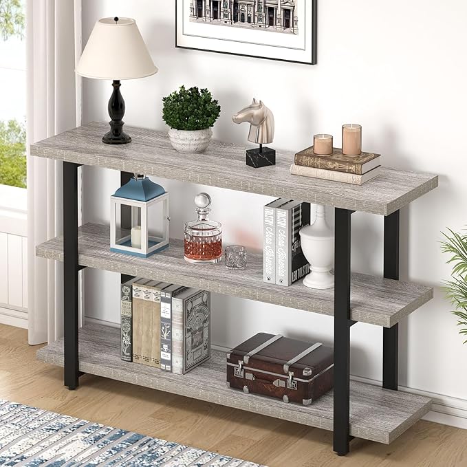 FOLUBAN Sofa Table, Wood Entryway Table with Storage Shelves for Living Room, Modern Console Tables for Hallway, Entrance, or Behind Couch, Light Grey, 47 Inch