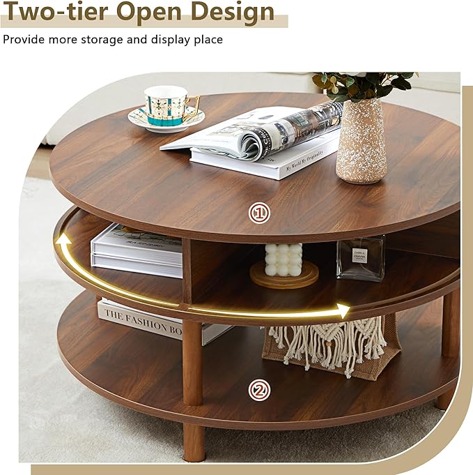 31.5” Round Coffee Table with Storage, Mid Century Modern 2 Tier Coffee Table with Tambour Sliding Door, Solid Wood Legs Fluted Center Table for Living Room Home Office Small Space, Walnut