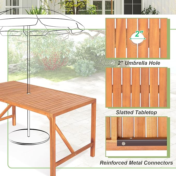 Tangkula Indoor Outdoor Acacia Wood Dining Table for 4-6 Person, Patio Rectangular Dining Table with 2 Inch Umbrella Hole and Support Bars, Outdoor Patio Table