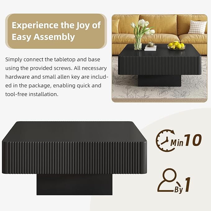 31.6" Square Fluted Coffee Table, Modern Wood Coffee Table, White Fluted Tea Center Table with Thick Tabletop & Sturdy Pedestal for Living Room Apartment- Easy Assembly