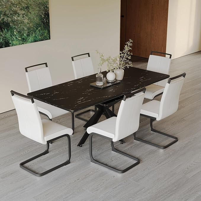Marble Dining Table for 4-8, 62.4''-78.15'' Extendable Dining Table, Modern Kitchen Table, Space Saving Rectangular Table for Office and Dining Room(Black)