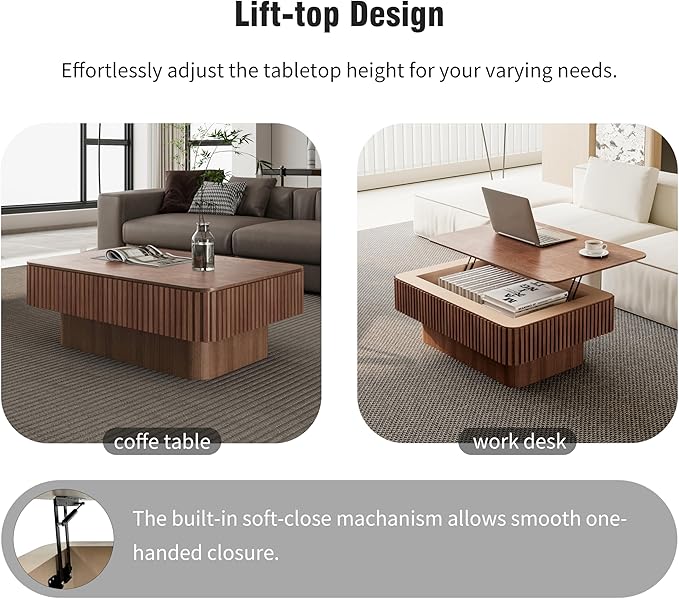 38.6'' Lift Top Fluted Coffee Table with Hidden Compartment, Modern Rectangular Wooden Center Table Cocktail Tea Table with Storage and Adjustable Height for Living Room Apartment, Walnut