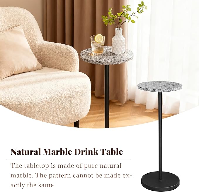 Nature Marble Drink Table, Pedestal Table, Small Round Side Table, Martini Table for Living Room, Bathroom, Small Space (Black 2)