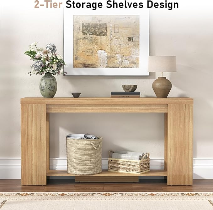62 Inch Extra Long Console Table with Storage, Farmhouse Wood Entryway Table with Thickened Base, Narrow Entryway Accent Table for Living Room, Hallway, Entrance, Natural Oak