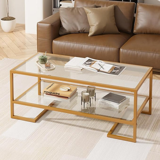 Coffee Table, 2 Tier Tempered Glass Coffee Table, Rectangle Modern Center Table with Metal Frame, Glass Accent Table Open Storage Shelf for Living Room, Office, Golden