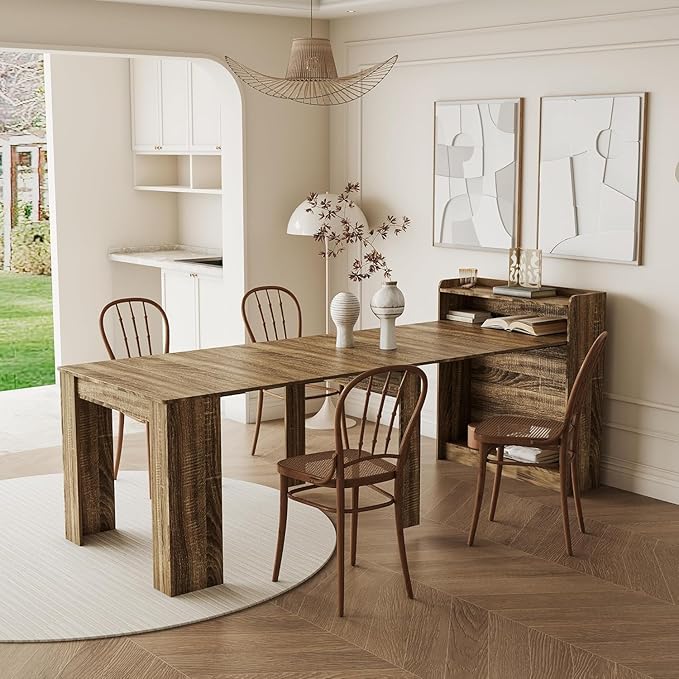 DMAITH 20"-99" Extendable Dining Table with Storage for 2-10 People, Modern Modular Extension Table, Space-Saving Extra Long Folding Dining Table, Multifunctional Conference Meeting Table, Oak