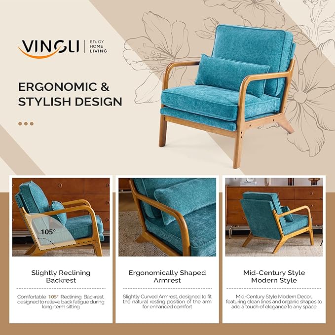 VINGLI Chenille Mid-Century Modern Accent Chair Set of 2, Cute Reading Arm Chair with Cushion & Lumbar Pillow & Solid Wood Frame for Lounge, Living Room, Reading Room, Bedroom, Turquoise