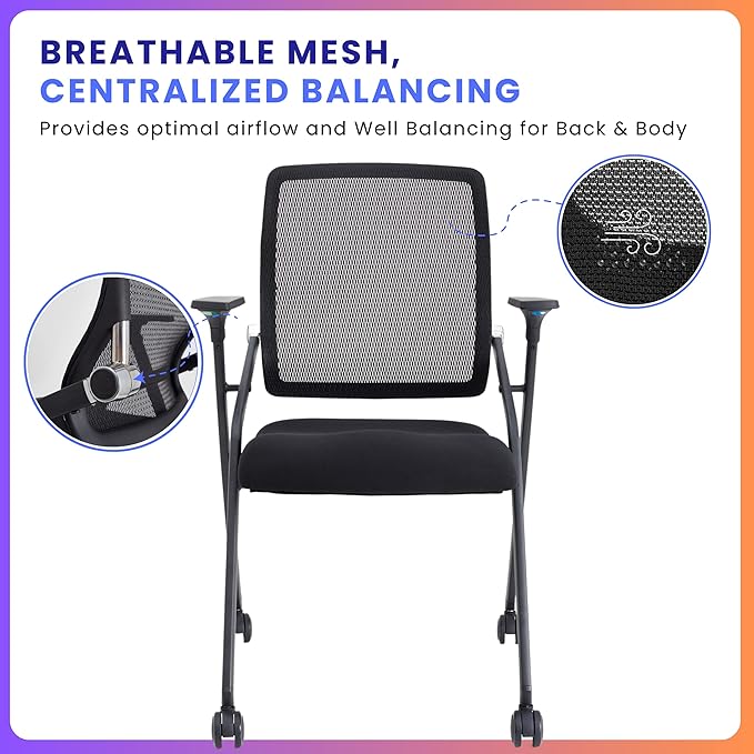 2 Pack Stackable & Foldable Conference Room Chairs with Lumbar Support, Armrest - Ergonomic Mesh Bouncing Back for Office Meeting, Conference, Reception and Training Room Chair