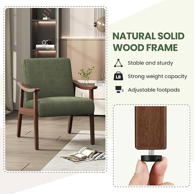 Yaheetech Corduroy Accent Chair, Mid-Century Modern Armchair with Solid Wood Legs, Reading Leisure Chair with High Back for Living Room Bedroom Waiting Room Dark Green