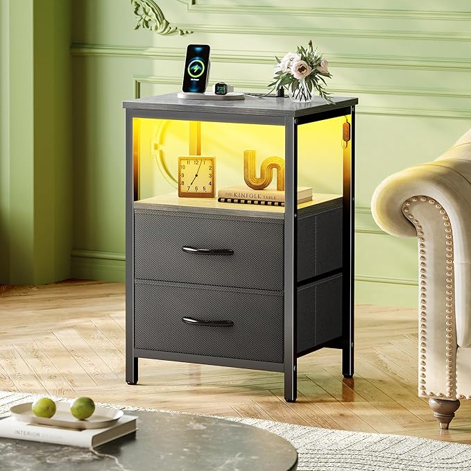Huuger Night Stand with Charger Station and LED Lights, 2 Drawer Nightstand, Bed Side Table with Open Shelf, End Table, Fabric Dresser for Bedroom, Grey