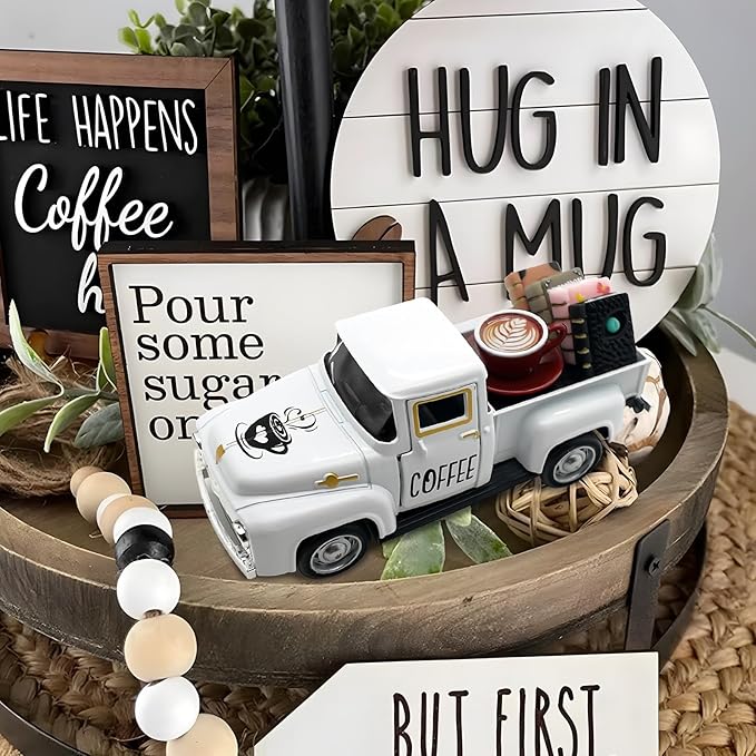 Coffee Decor for Coffee Bar Vintage Metal Truck with Mini Fake Books and Coffees Farmhouse Tabletop Coffees Ghost Sign Halloween Tiered Tray Decor Rustic Table Centerpiece for Home Kitchen, White