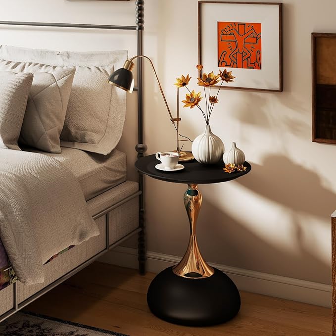 Metal Round End Table,Modern Pedestal Table,Corner Drink Tables,Accent Side Table Nightstand for Living Room,Patio and bar (Matte Black)