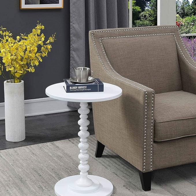 Coastal Charm Spindle Table, 17.75-in x17.75-in x24-In, White Finish, Classic Pedestal Design, Round Wooden Accent Table, Perfect for Any Living Space