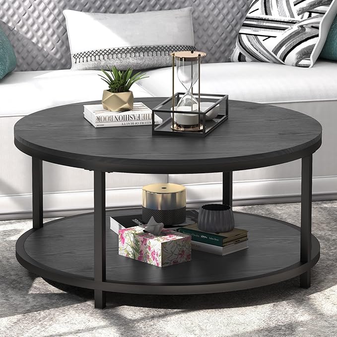 WiberWi Round Coffee Table Black 35.8" Circle Coffee Tables for Living Room Rustic Industrial Design with Sturdy Metal Frame Legs and Open Storage Shelf, Easy Assembly