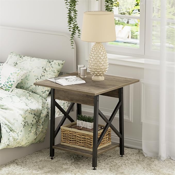 GreenForest End Table 24 inch for Living Room, Large Square Side Tables with X-Frame, Tall Industrial Bedside Nightstand with 2-Tier Storage, Gray Wash
