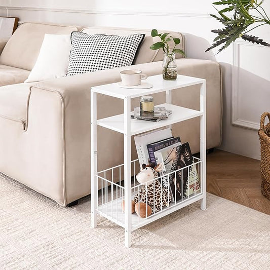 Yoobure Narrow Side Table with Storage Basket, Small End Table for Small Spaces, Skinny Side Tables Living Room Bedroom Office, Slim Nightstand 3 Tier Bedside Table Space-Saving for Magazine, White