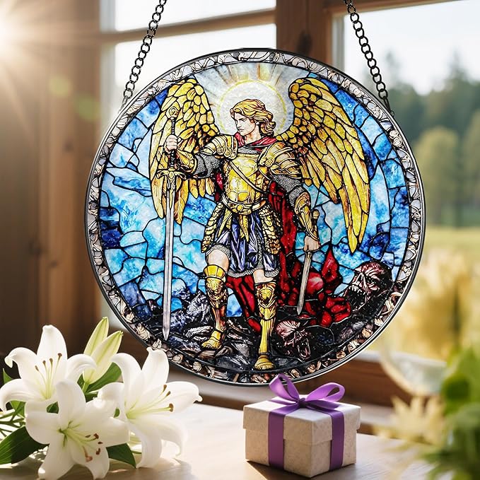 Stained Glass Suncatcher, Archangel Michael Sun Catcher Ornament; Stained Glass Window Hanging, Warrior Angel Window Decor; Christmas Home Decor, Christian Gifts, Religious Gifts