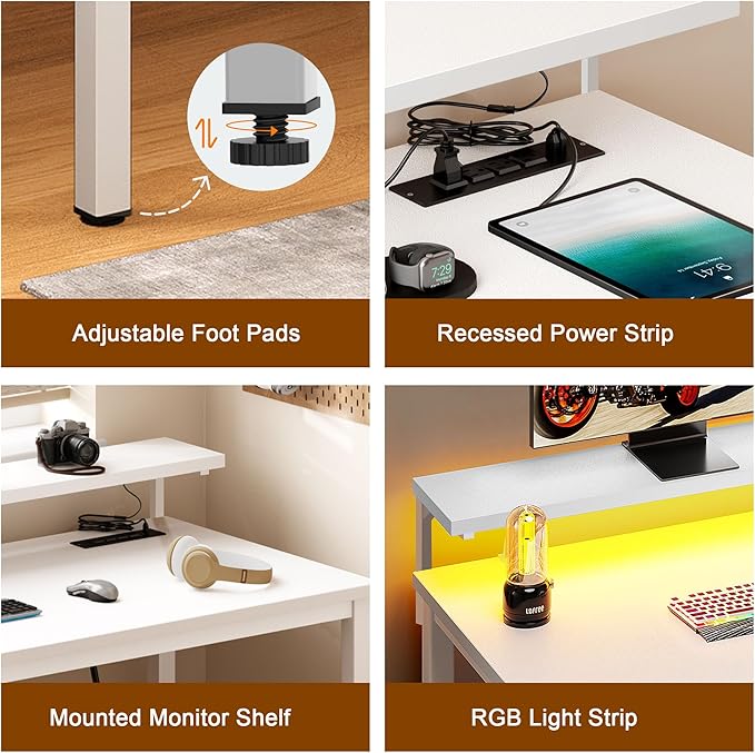 Need 60 inch Computer Desk with LED Lights & Power Outlets, Large Home Desk with Monitor Shelf, Writing Table Gaming Desk Home Office Desk, White