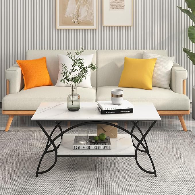 Giantex 2-Tier Rectangular Coffee Table, Faux Marble Table with Open Storage Shelf, Black Finished Metal Frame, Modern Center Table for Living Room, Reception Room (White+Black)