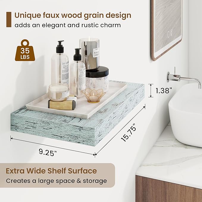 16in Floating Shelves for Wall, 16"W x 9.25"D x 1.25"H, 2 Pack Long Wall Mounted Engineered Wood Shelves with Invisible Brackets for Living Room, Bedroom, Bathroom, Kitchen Decor and Storage, Blue