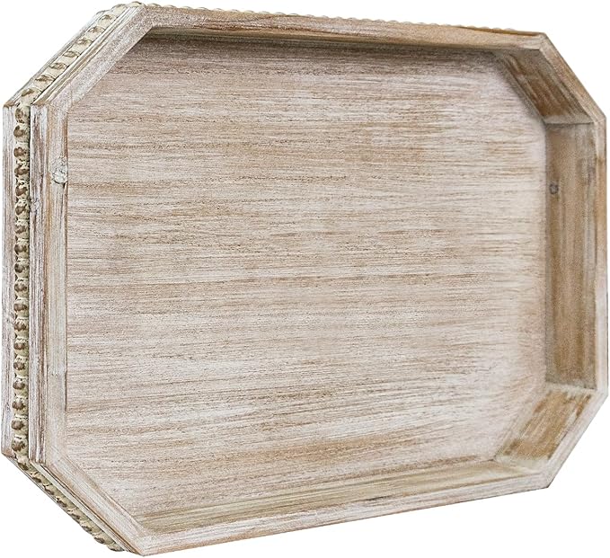Wooden Decorative Tray, Rustic Serving Tray with Wood Bead, Farmhouse Big Tray for Ottoman, Countertop, Coffee Tabl, 16.5" x 13"x 1.6" (White Washed)