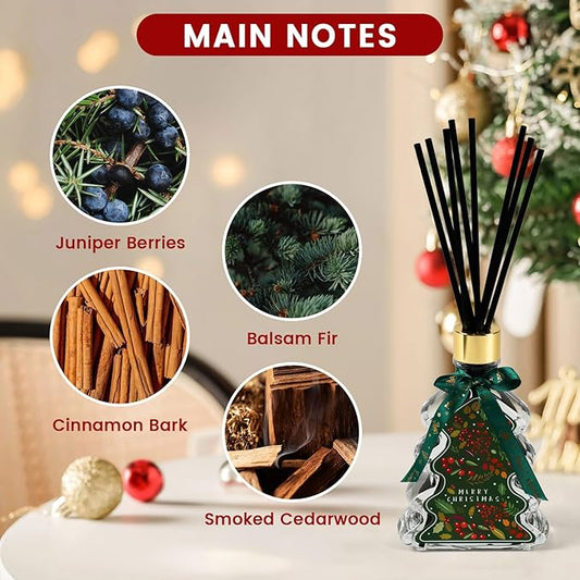 Brakula Christmas Reed Diffuser Set, Fireside Juniper & Balsam Scented, 8 Diffuser Sticks with Christmas Bottle Design, Home Decor Bedroom Living Room Office (6.09oz)