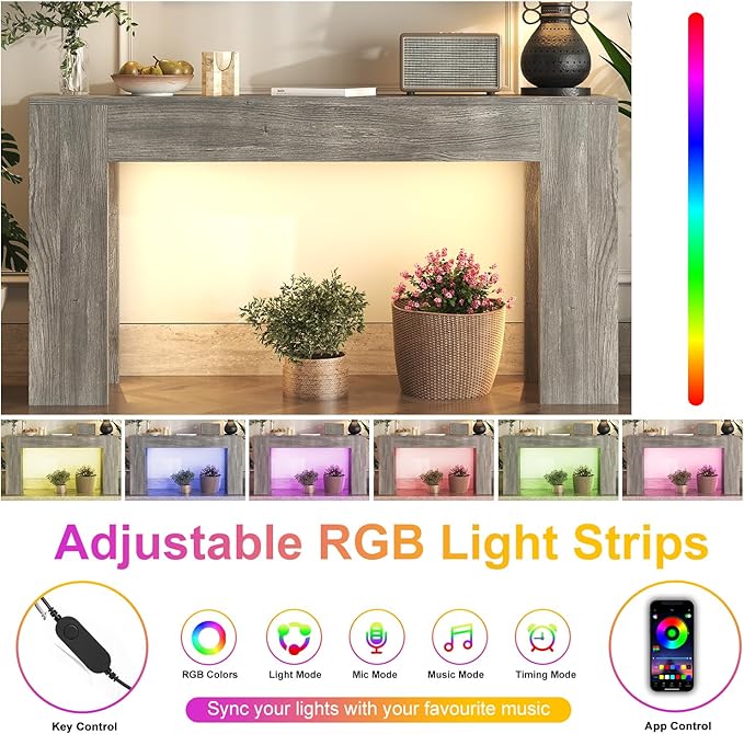 63-Inch Long Console Table with LED Light, Farmhouse Sofa Table Behind Couch, Wooden Console Table for Entryway Hallway Entrance Living Room, Gray