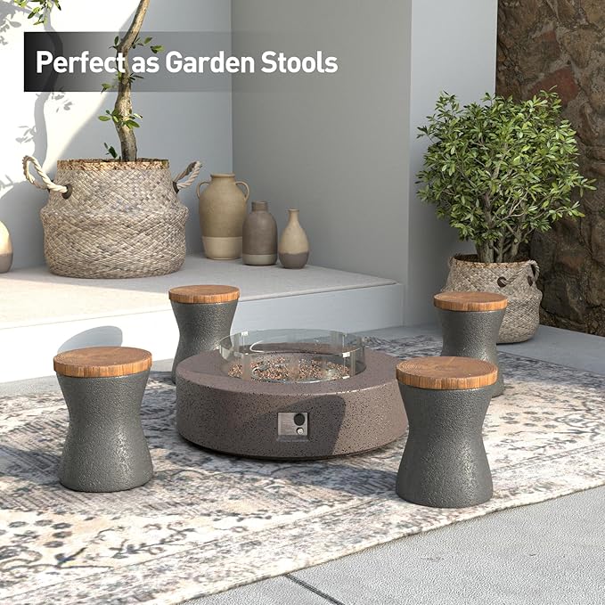 SUNBURY Outdoor Accent Table, 13" W Hourglass Shaped Outdoor Side Table for Patio, Concrete Garden Stool End Table Set of 2, Morden Concrete Side Table Wooden-Look Top for Garden, Backyard