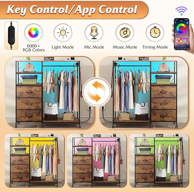 WLIVE Dresser with Hanging Rack for Bedroom, 3 Drawer Dresser with LED Lights & Charging Station, Fabric Dressers & Chest of Drawers, Storage Organizer with Open Shelves for Living Room, Brown